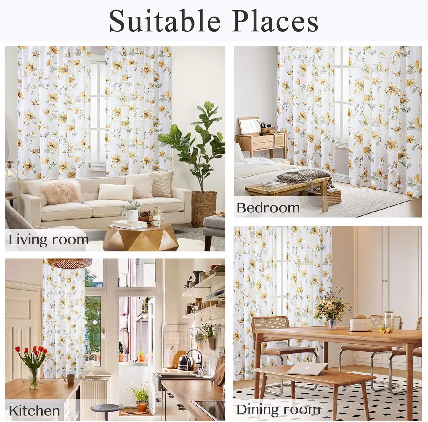 Yellow Floral Sheer Curtains 84 inches Long for Living Room, Silky-Smooth Chiffon Privacy Semi Sheer Drapes Chinoiserie WildFlower Patterned Window Curtains 2 Panel Sets for Bedroom, Yellow and White