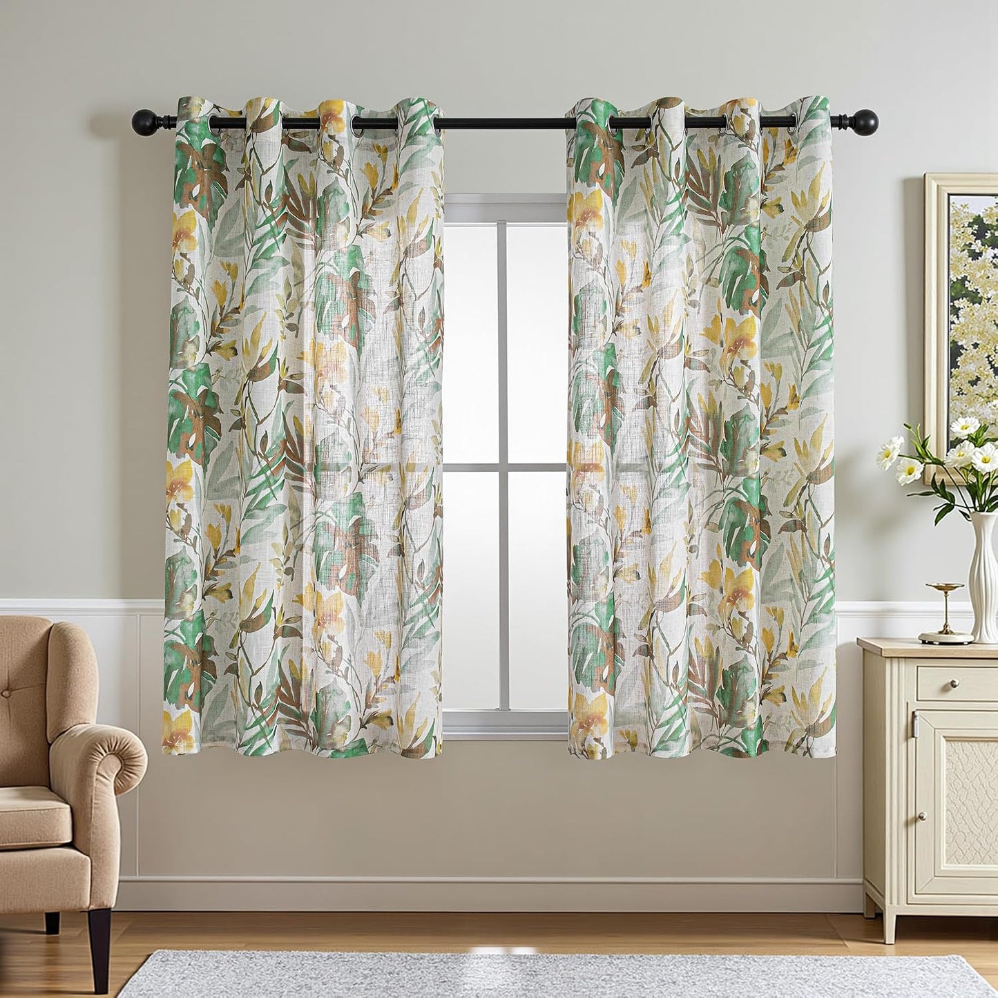 MYSKY HOME Floral Curtains 63 Inch Length Semi Sheer Drapes for Living Room Bedroom, Flower Printing Window Treatment Grommet 2 Panels，Yellow and Natural