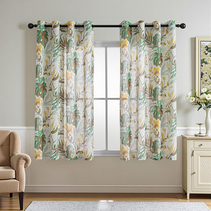 MYSKY HOME Floral Curtains 63 Inch Length Semi Sheer Drapes for Living Room Bedroom, Flower Printing Window Treatment Grommet 2 Panels，Yellow and Natural