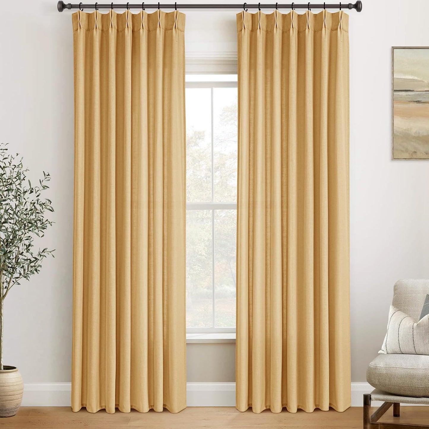 Pinch Pleated Mustard Yellow Linen Curtains 84 inches Long for Living Room 2 Panel Set Light Fitering Semi Sheer Yellow Window Curtain Pleat with Hooks Rustic Farmhouse Bedroom Drapes Length 84"