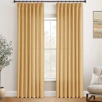 Pinch Pleated Mustard Yellow Linen Curtains 84 inches Long for Living Room 2 Panel Set Light Fitering Semi Sheer Yellow Window Curtain Pleat with Hooks Rustic Farmhouse Bedroom Drapes Length 84"