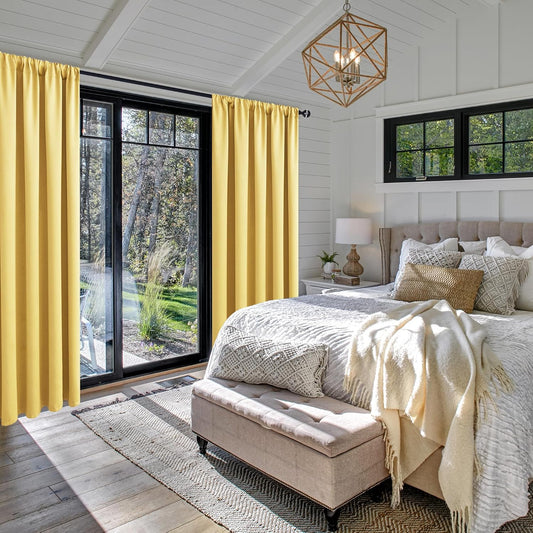 JIUZHEN Blackout Curtains – Thermal Insulated,Noise Reducing Room Darkening Soundproof Drapes for Living Room,Bedroom, Set of 2 Panels with Tiebacks, 42 x 63 inch Long, Light Yellow
