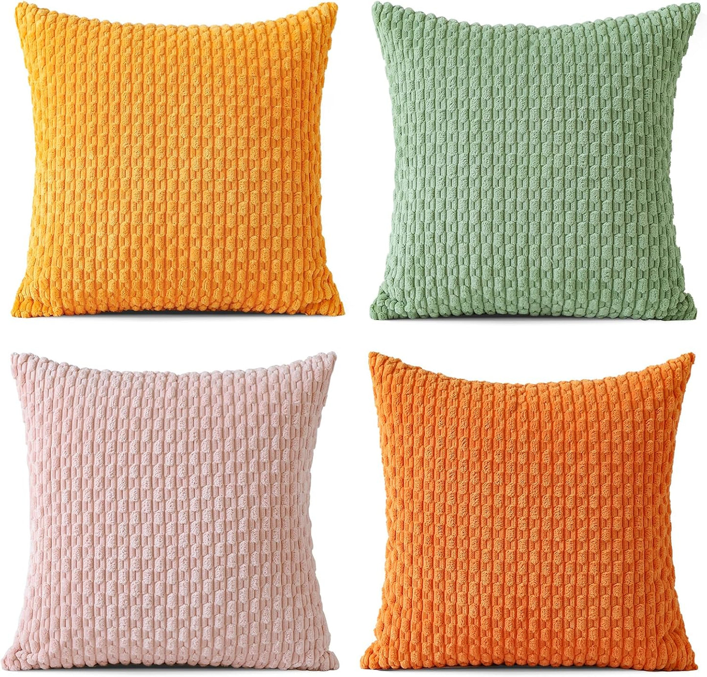 OTOSTAR Set of 4 Soft Corduroy Decorative Throw Pillow Covers 18x18 Square Striped Boho Pillow Cases for Sofa Couch Bedroom Living Room Home Decor Cushion Cover, Sage Green/Light Pink/Yellow/Orange