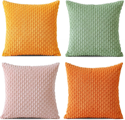 OTOSTAR Set of 4 Soft Corduroy Decorative Throw Pillow Covers 18x18 Square Striped Boho Pillow Cases for Sofa Couch Bedroom Living Room Home Decor Cushion Cover, Sage Green/Light Pink/Yellow/Orange