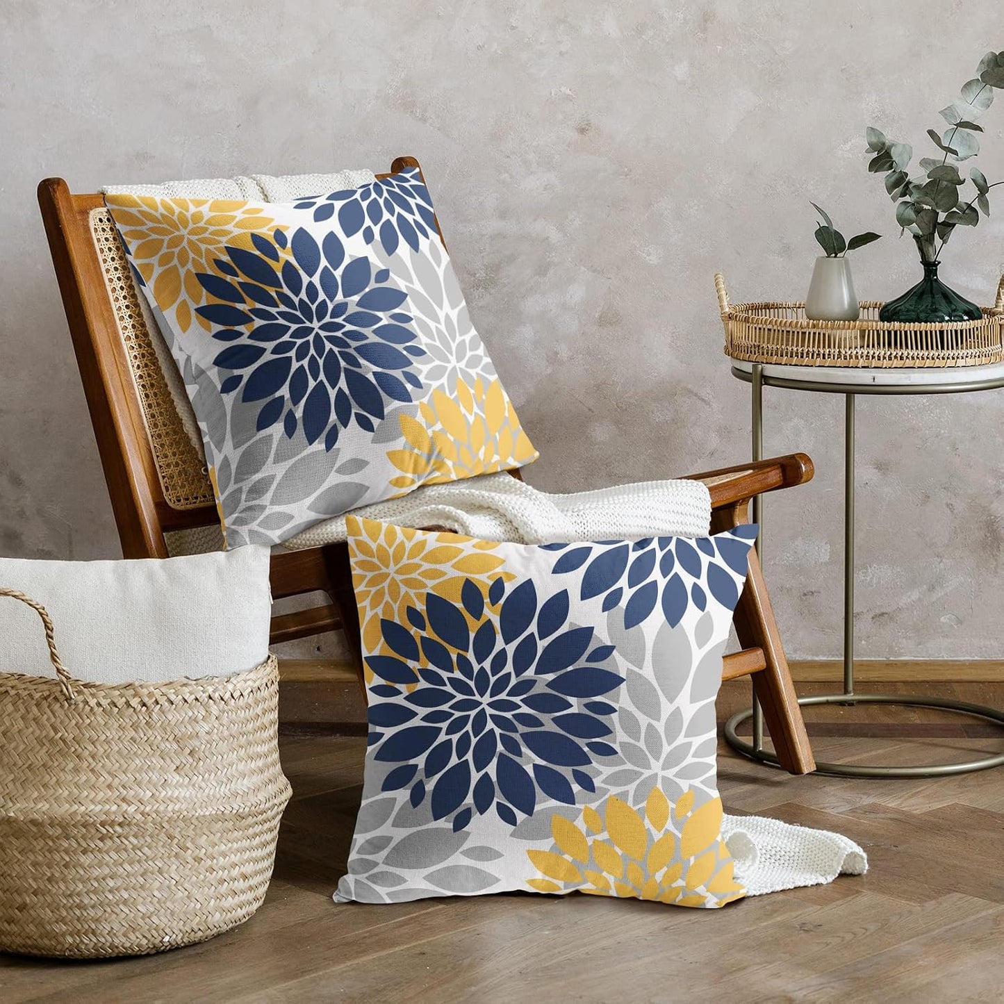 Navy Blue Yellow Pillow Covers 16x16 Set of 2 Grey Gray Dahlia Flower Outdoor Decorative Throw Pillows Modern Geometry Art Farmhouse Pillowcases Linen Cushion Case Decor for Home Sofa Couch Bed