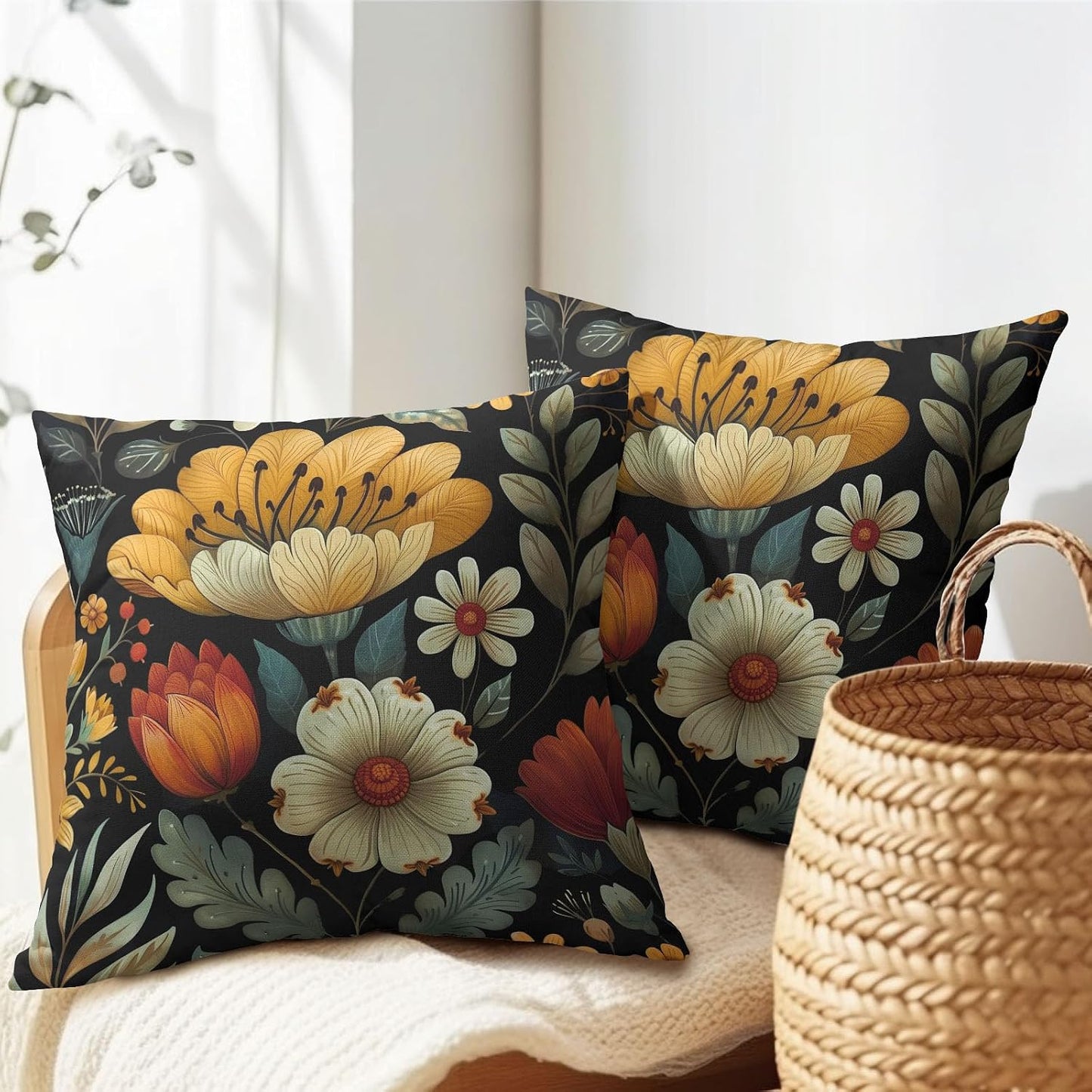 Vintage Boho Floral Pillow Covers 18x18 Inches Yellow Beige Black Throw Pillow Case Set of 2 Spring Flower Pillow Cover Cotton Linen Cushion Cover for Home Couch Sofa Bedroom Livingroom