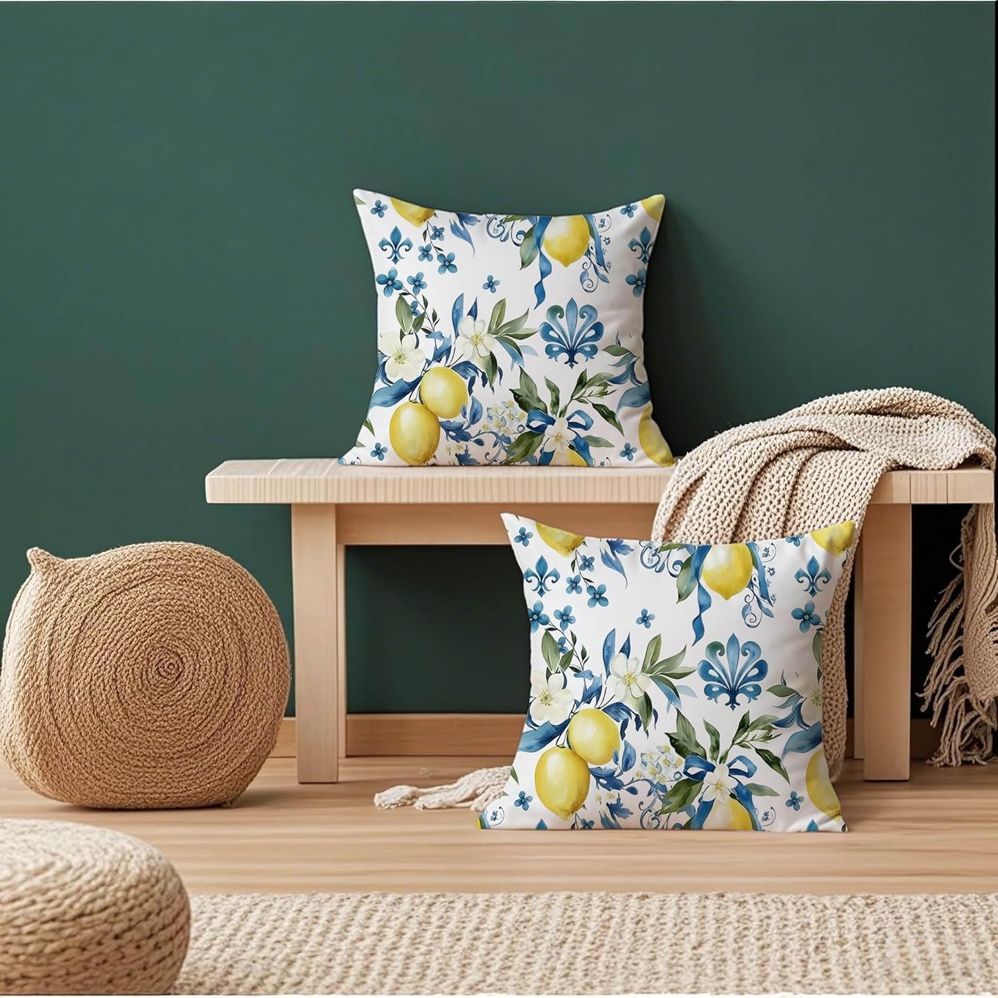 mellicoma Waterproof Outdoor Pillow Covers 18x18 Pack of 2 Blue White Lemon Throw Outdoor Pillows for Garden Funiture Patio Home
