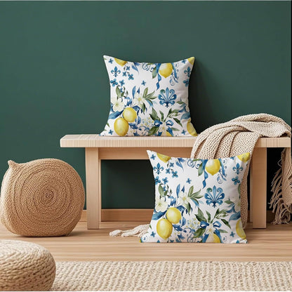 mellicoma Waterproof Outdoor Pillow Covers 18x18 Pack of 2 Blue White Lemon Throw Outdoor Pillows for Garden Funiture Patio Home