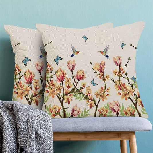 Flowers Bird Spring Throw Pillow Covers 18x18 Set of 2, Watercolor Butterfly Decoration Throw Pillow Covers Seasonal Yellow Floral Outdoor Cushion Cover for Sofa Couch Farmhouse Room Bed Decor