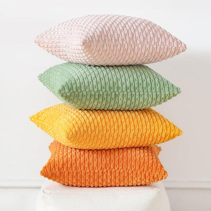 OTOSTAR Set of 4 Soft Corduroy Decorative Throw Pillow Covers 18x18 Square Striped Boho Pillow Cases for Sofa Couch Bedroom Living Room Home Decor Cushion Cover, Sage Green/Light Pink/Yellow/Orange