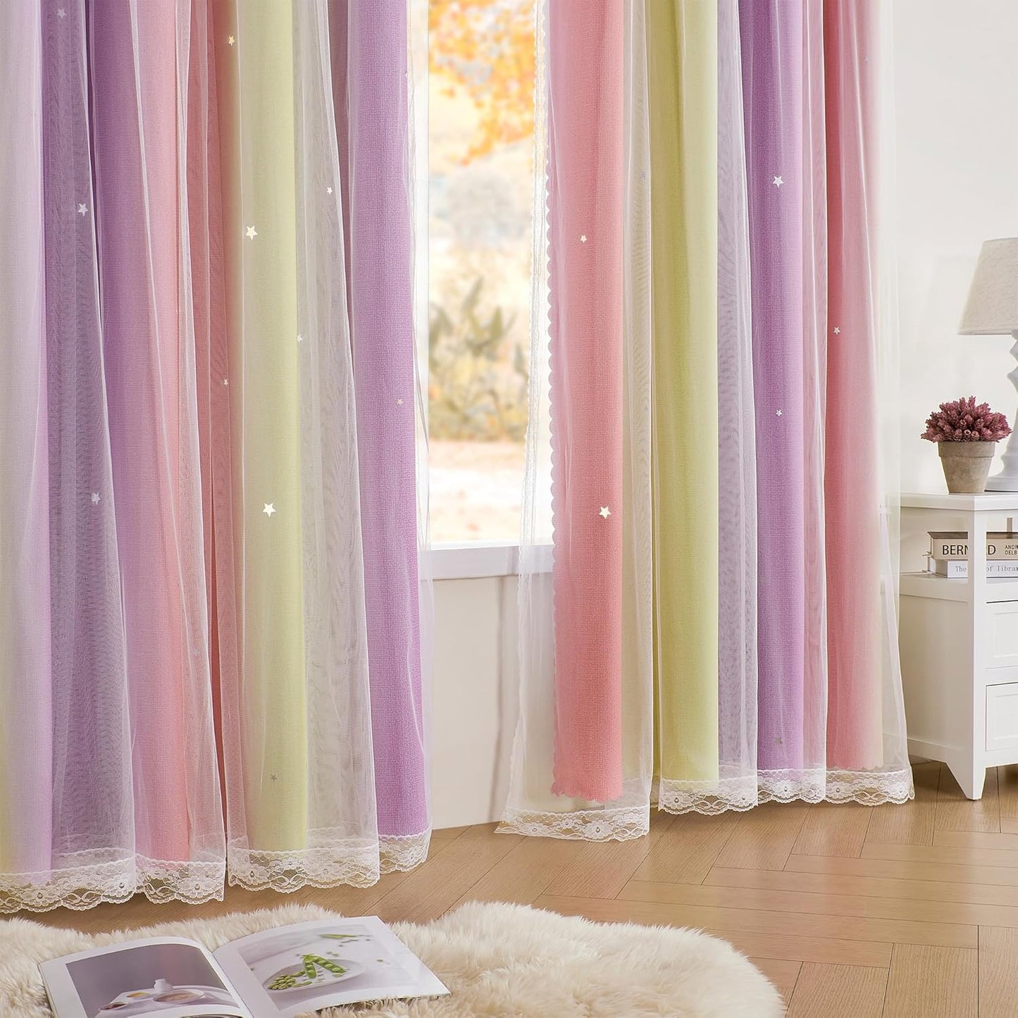 XiDi Pink Yellow Curtains for Bedroom Decor Blackout Curtains for Girls Kids Room Rainbow Unicorn Wall Decals 34X63 Inch Long 1 Panel