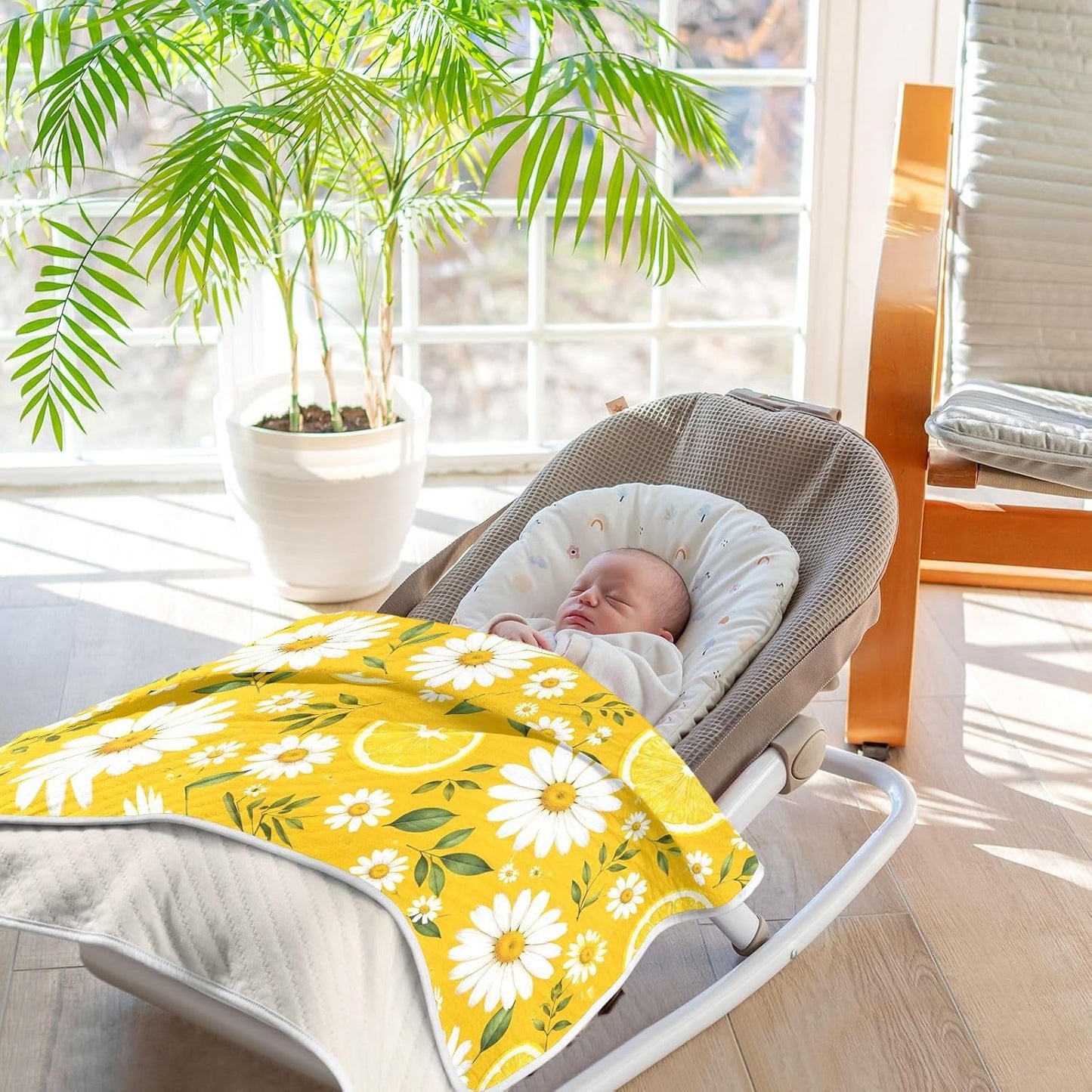 Yellow Lemon Daisy Print Baby Blanket 30"x40", Soft Cotton Toddler Blankets for Girls Boys with Warm Middle Layer, Lightweight Receiving Blanket for Newborn Crib Stroller