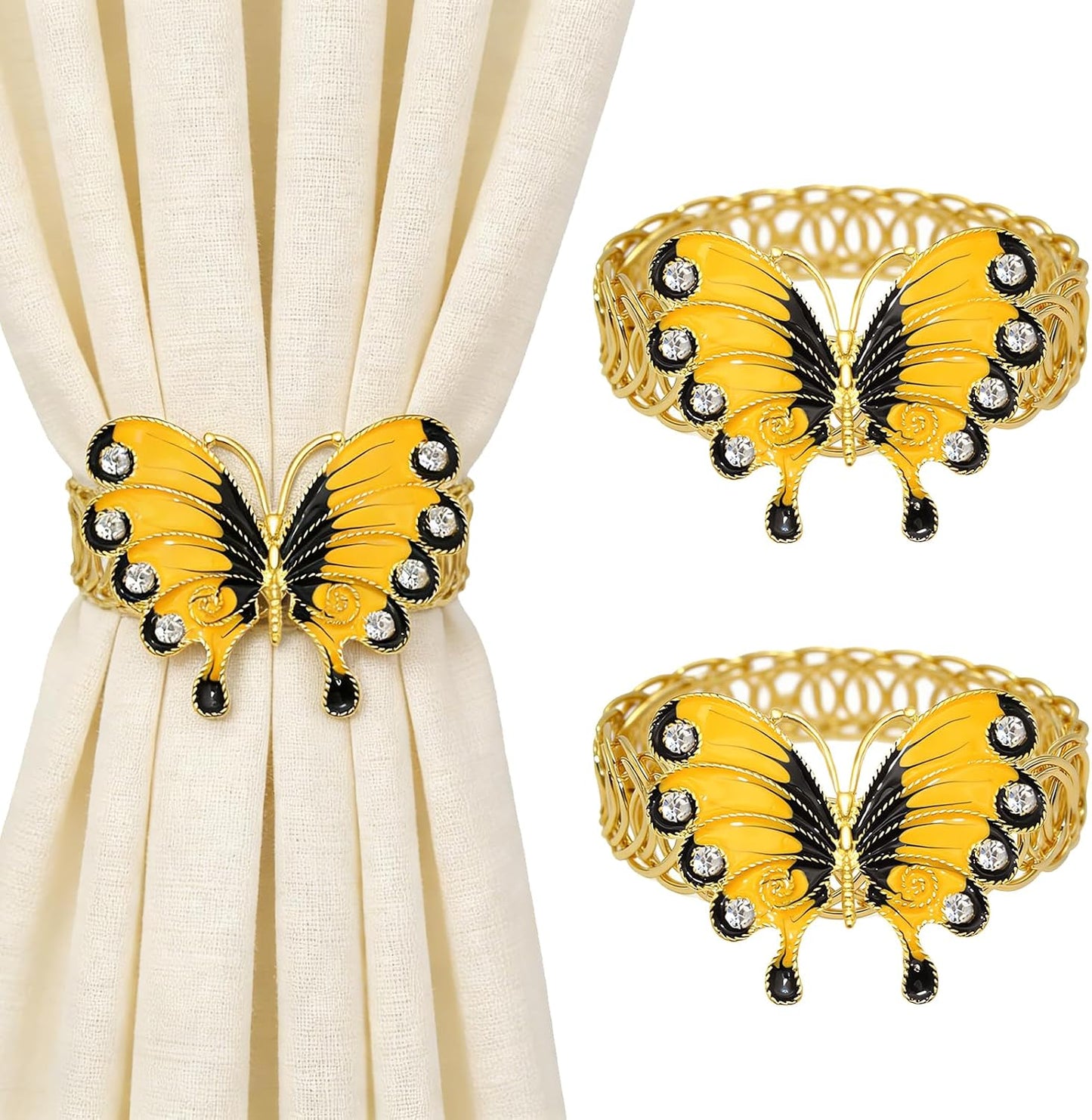 Butterfly Curtain Tiebacks 2 Pack Yellow Enamel & Rhinestone Insect Curtain Holdbacks,No Drill Curtain Ties Auto-Closing,Boho Curtain Tie Backs for Farmhouse Kitchen Living Room Bedroom Decor
