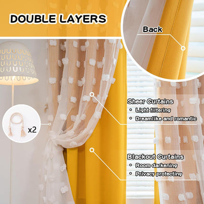 MYSKY HOME Yellow Curtains for Living Room Nursery Curtains 84 Inch Long Double Layer Curtains for Kids Room White Pom Pom Sheer Blackout Grommet Room Darkening Window Curtains 2 Panels Set 52" x 84"