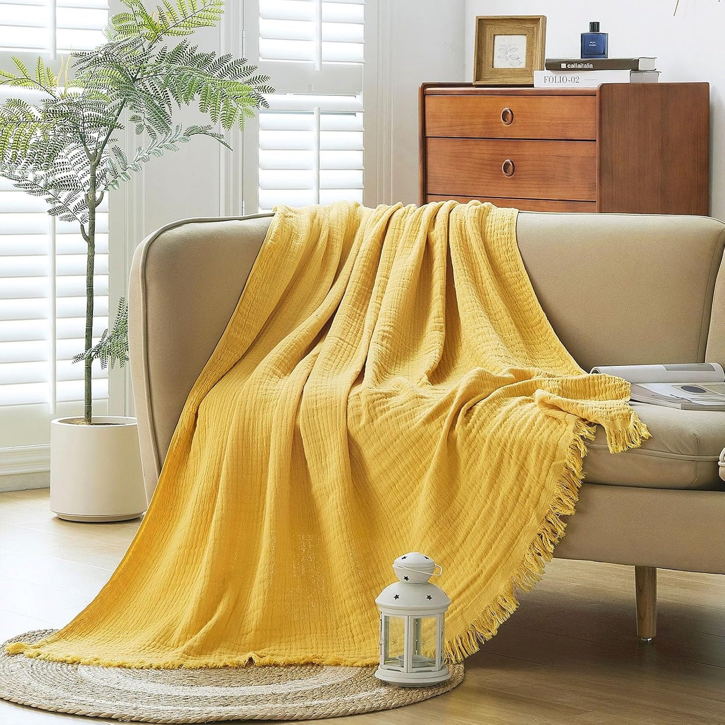 Cotton Muslin Throw Blanket with Tassels, Lightweight Woven Gauze, Pre-Washed Breathable Farmhouse Decor for Bed, Couch, All-Season Use (Yellow, 50" x 60")