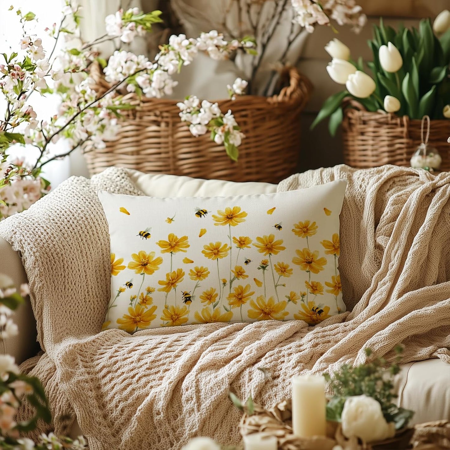 AACORS Spring Pillow Covers 12X20 Set of 2,Daisy Bee Decorations Farmhouse Seasonal Summer Pillow Case Decor for Sofa Couch （Yellow） AA058-12-2