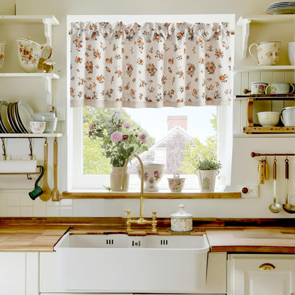 StangH Linen Floral Valance Kitchen Curtains 18 Inches,Printed Double Layer Valance Living Room Laundry Room Darkening Farmhouse Vintage Flower Window Treatment,Yellow,W52 x L18,1 Panel