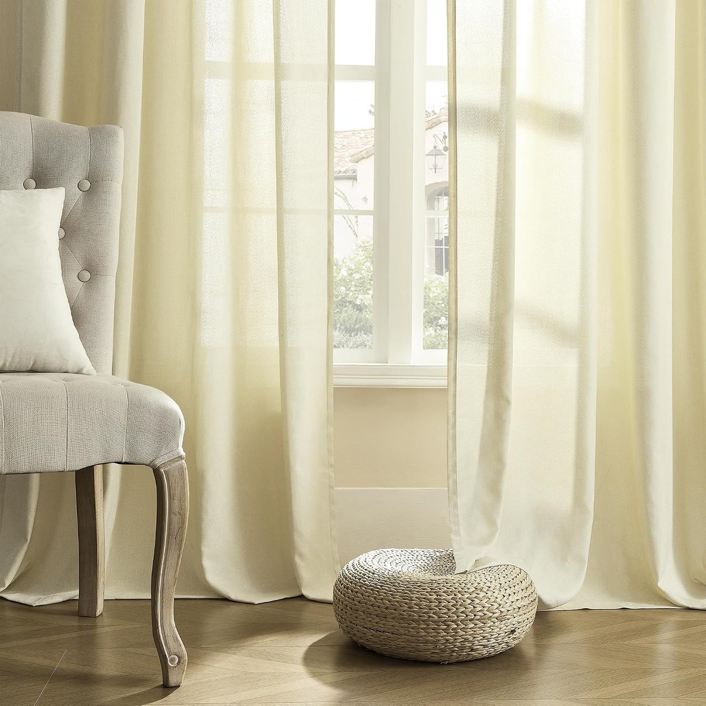 DONREN Back Tab and Rod Pocket Linen Curtains 102 Inch Length 2 Panels Set, Light Filtering Semi Sheer Farmhouse Boho Curtains & Drapes for Bedroom Living Room, W50 x L102，Light Yellow