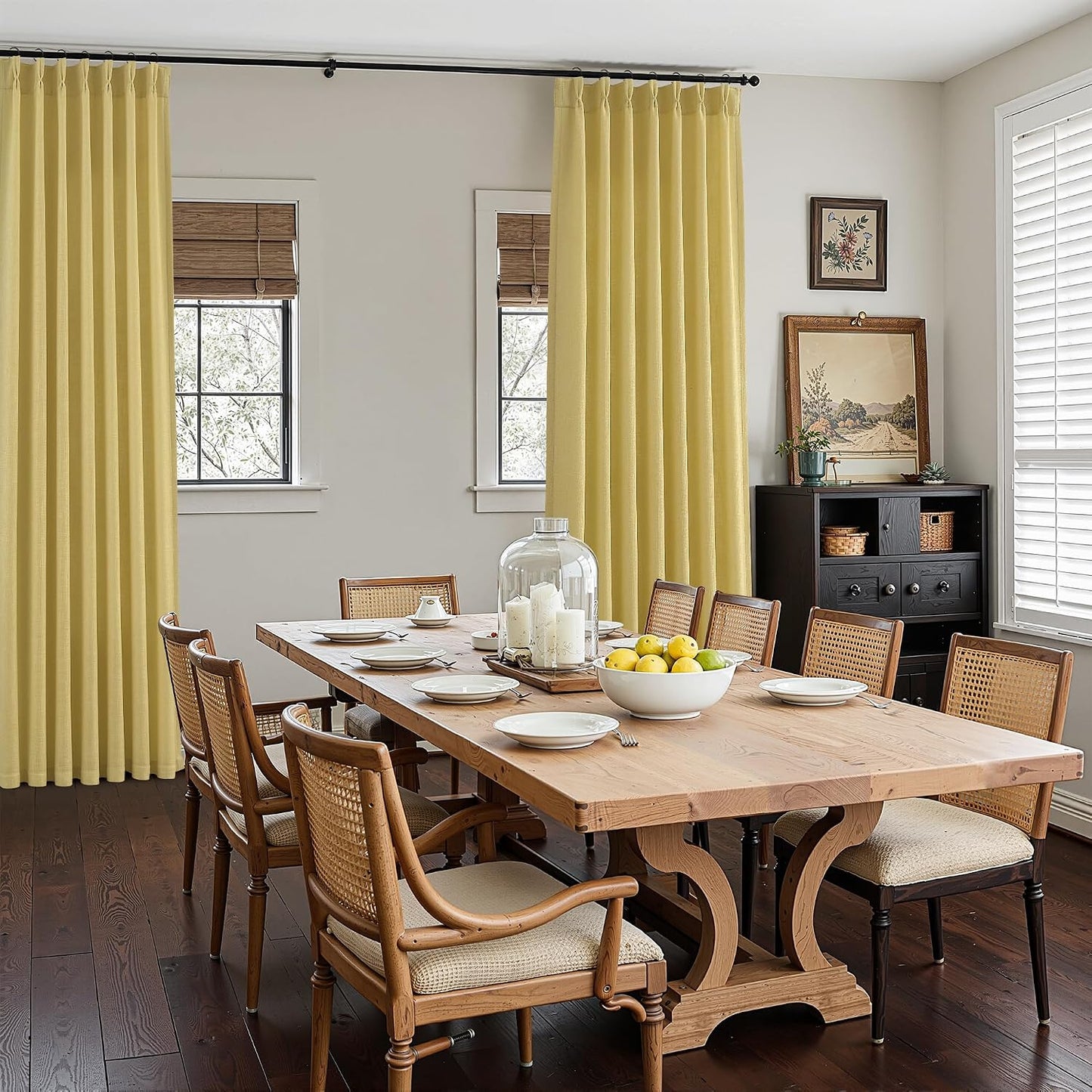 Yellow Linen Pinch Pleated Curtains 84 Inches Long 2 Panels for Living Room Bedroom Farmhouse Autumn Fall Boho Back Tab Thick Semi Sheer Light Filtering Privacy Window Drapes Clip Rings Hooks 40x84