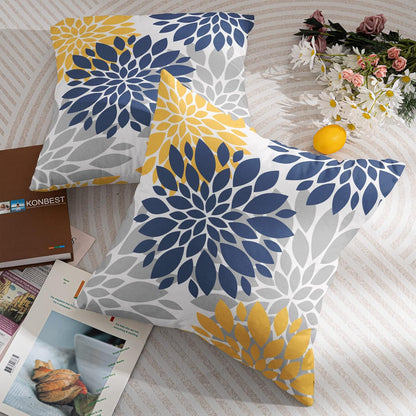 Navy Blue Yellow Pillow Covers 16x16 Set of 2 Grey Gray Dahlia Flower Outdoor Decorative Throw Pillows Modern Geometry Art Farmhouse Pillowcases Linen Cushion Case Decor for Home Sofa Couch Bed