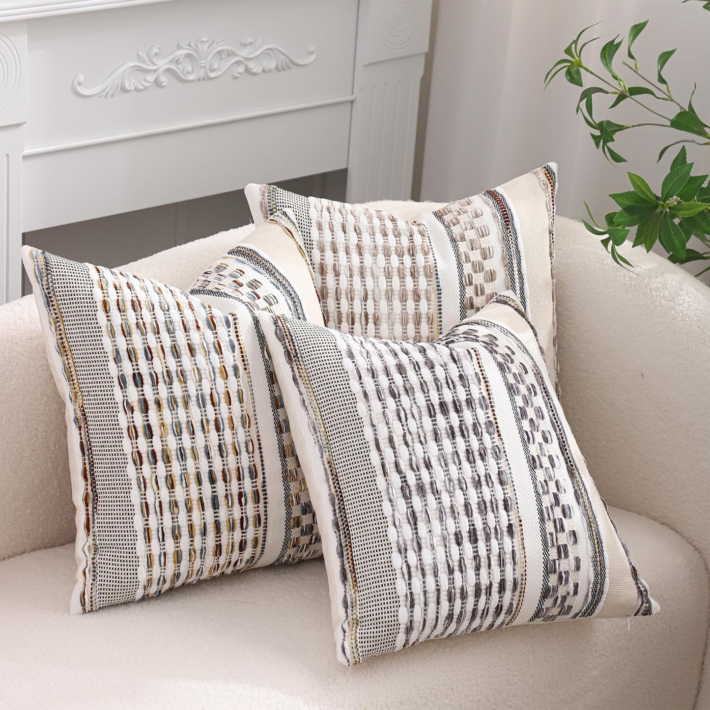 Boho Outdoor Throw Pillow Covers 18x18 Set of 2 Farmhouse Decorative Cushion Case Striped Square Pillow Cover Chenille Pattern Pillow Cases Accent Neutral Pillowcase,Rust Blue and Yellow