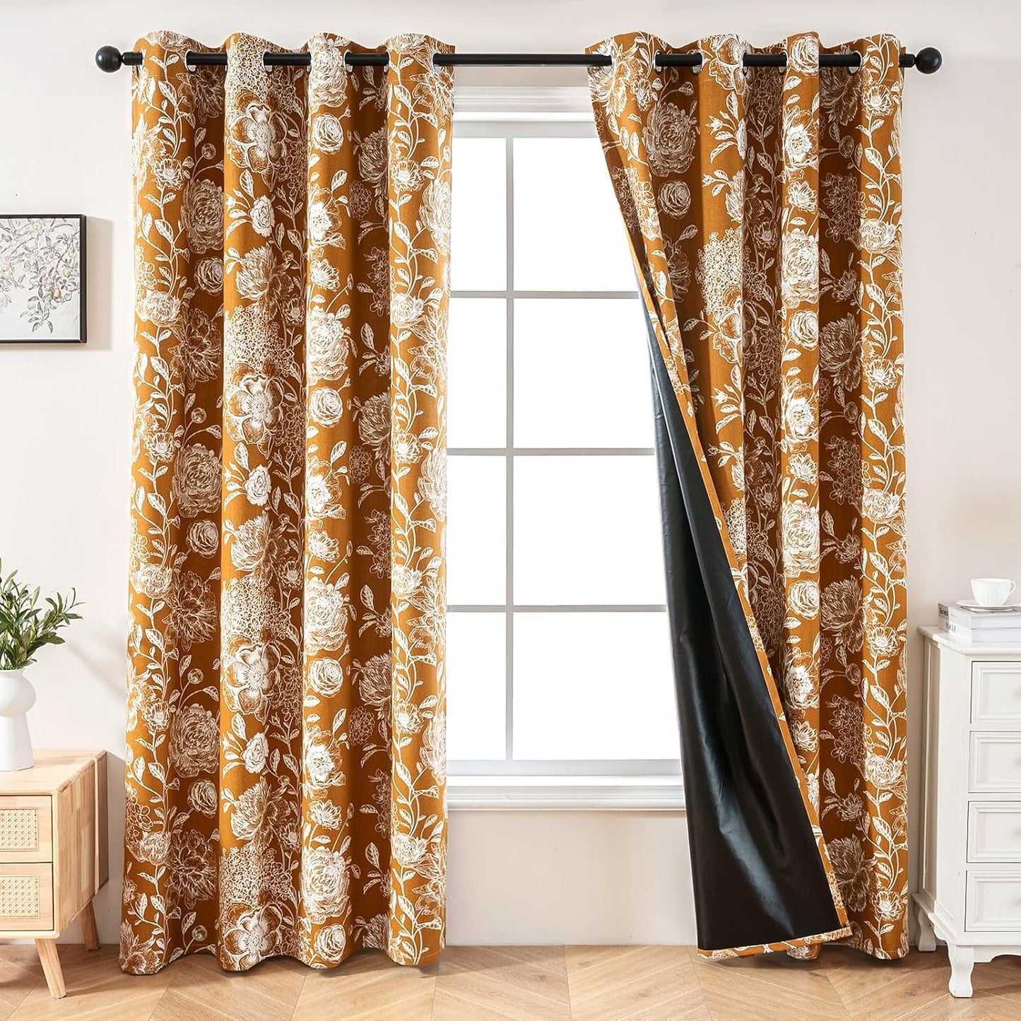 Floral Blackout Curtains 63 Inch Length 2 Panels, Vintage Peony Pattern Curtains for Bedroom Living Room, Light Blocking Thermal Curtains, Grommet Top, Mustard Yellow, 52 x 63
