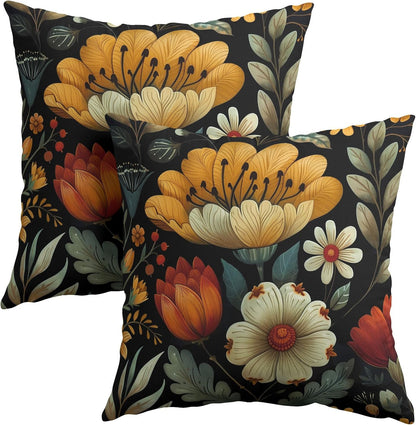 Vintage Boho Floral Pillow Covers 18x18 Inches Yellow Beige Black Throw Pillow Case Set of 2 Spring Flower Pillow Cover Cotton Linen Cushion Cover for Home Couch Sofa Bedroom Livingroom