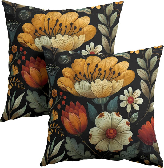 Vintage Boho Floral Pillow Covers 18x18 Inches Yellow Beige Black Throw Pillow Case Set of 2 Spring Flower Pillow Cover Cotton Linen Cushion Cover for Home Couch Sofa Bedroom Livingroom
