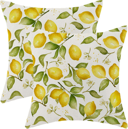 Summer Pillow Covers 18x18 Inch Set of 2 Yellow Lemon Floral Throw Pillows Outdoor Decorative Seasonal Spring Summer Yellow Green Leaves Floral Pillowcases Linen Cushion Covers for Sofa Couch