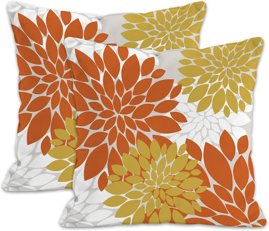 Floral Throw Pillow Covers Bohemian Dahlia Flowers Geometry Graph Modern Soft Cozy Decor Bed Living Room Sofa Rustic Farmhouse Pillow Case Set of 2 Orange Yellow White,18x18 Inch