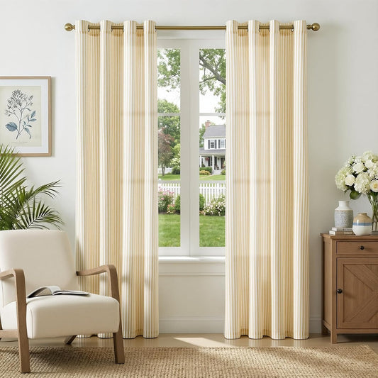 Vangao Linen Striped Curtains for Living Room Bedroom Farmhouse Tickingstripe Light Filtering Window Curtains Printed Drapes Grommet Top 2 Panels Mustard Yellow on Off White W50 x L84 Inch