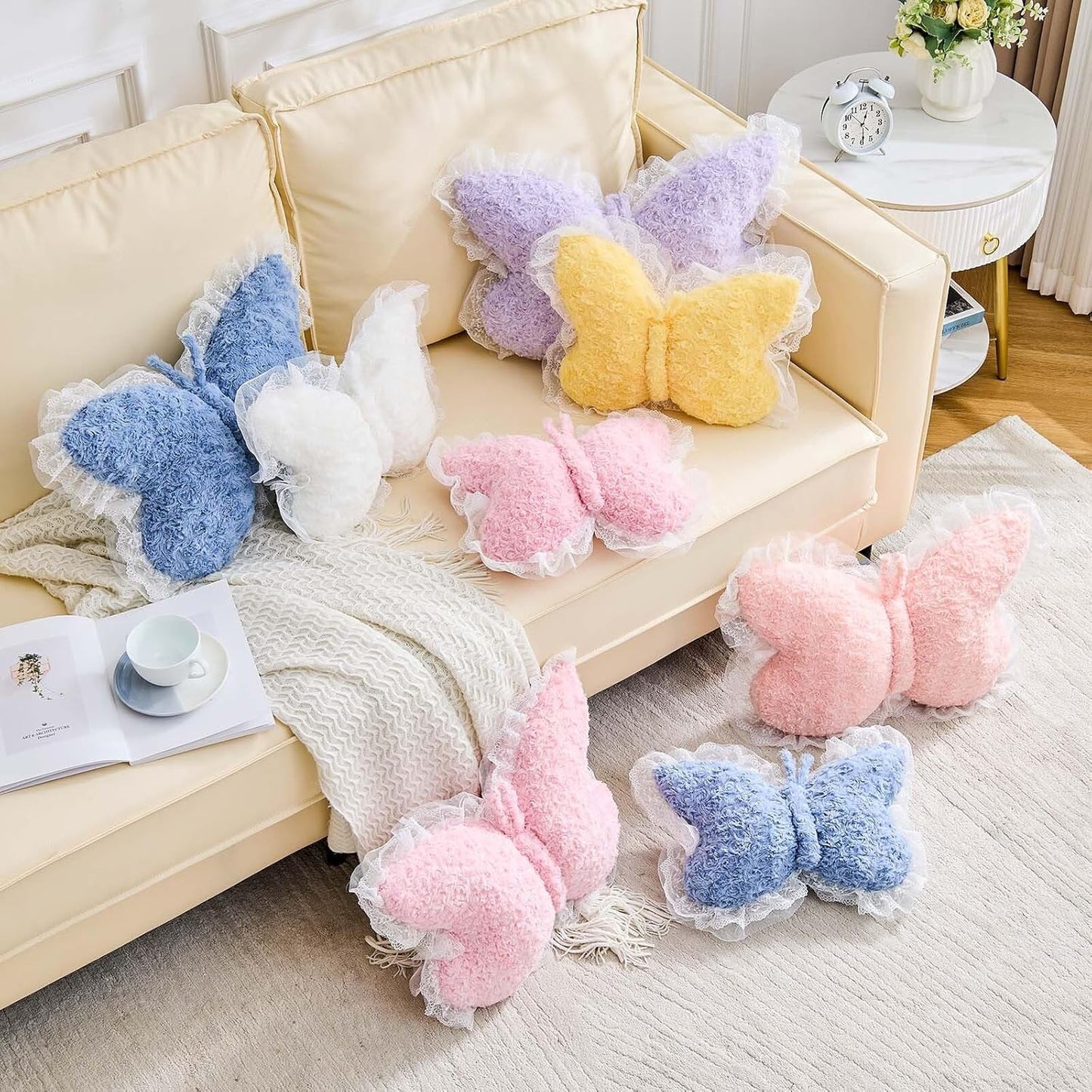XVTRU Butterfly Pillow Yellow Decorative Pillows 15" Butterfly Shaped Cute Throw Pillows with Lace Aesthetic Bow Plush Cushion for Room Decor Bed Sofa Couch