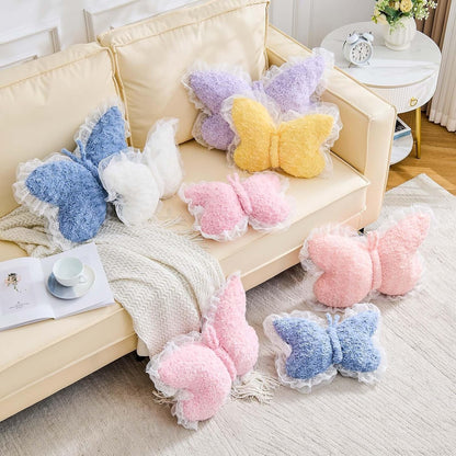 XVTRU Butterfly Pillow Yellow Decorative Pillows 15" Butterfly Shaped Cute Throw Pillows with Lace Aesthetic Bow Plush Cushion for Room Decor Bed Sofa Couch