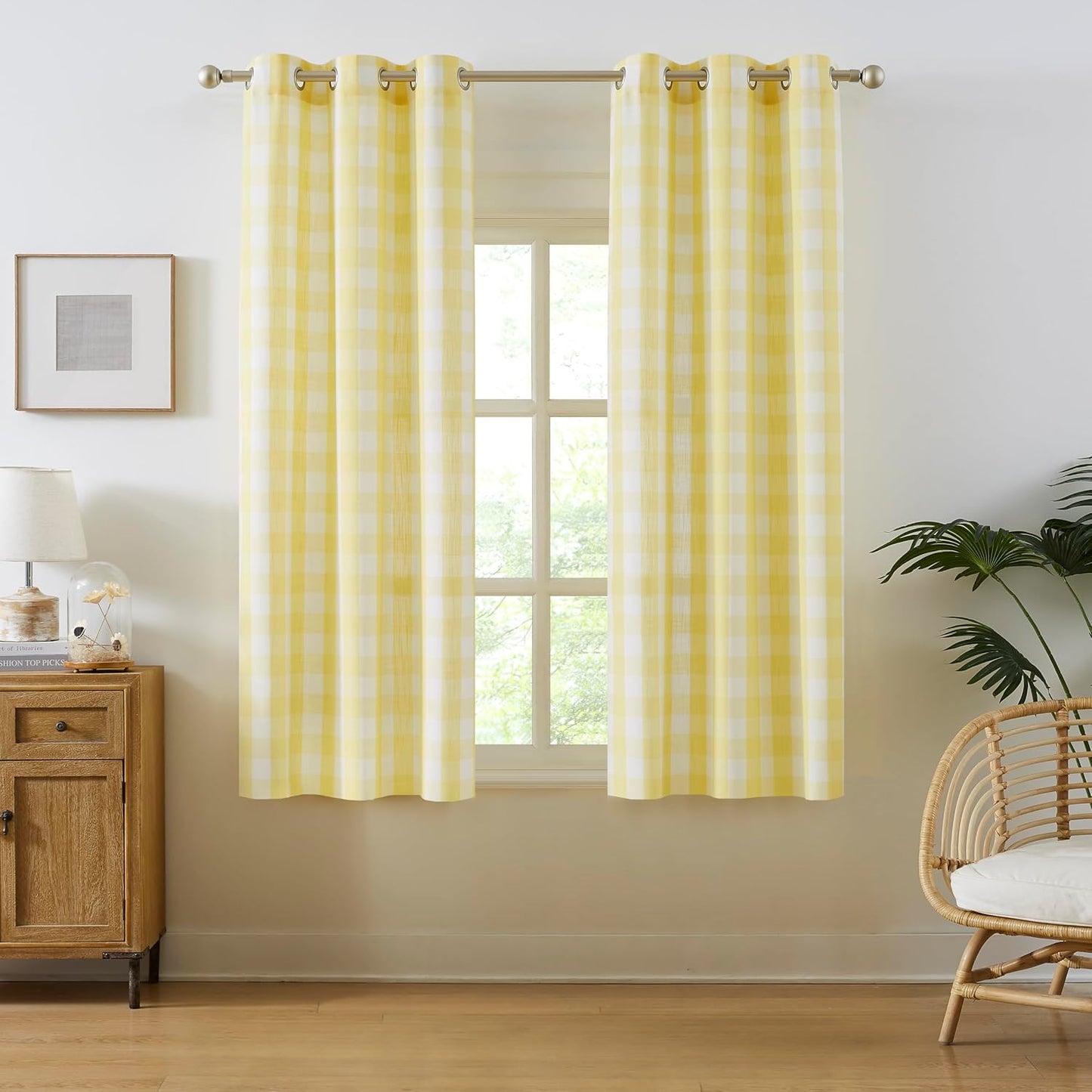 Amzdecor Buffalo Plaid Grommet Curtains 54 Inch Length, Semi-Sheer Gingham Checkered Textured Drapes Rustic Window Treatment for Living Room Bedroom Farmhouse,2 Panels （40" x 54",Yellow & White）