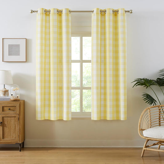 Amzdecor Buffalo Plaid Grommet Curtains 54 Inch Length, Semi-Sheer Gingham Checkered Textured Drapes Rustic Window Treatment for Living Room Bedroom Farmhouse,2 Panels （40" x 54",Yellow & White）