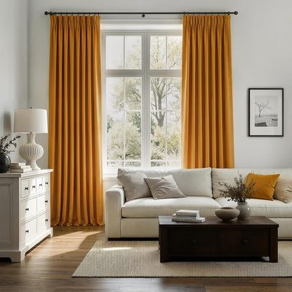 Mustard Yellow Velvet Pleated Curtains 84 Inches Long for Living Room Modern Elegant Super Soft Velvet Drapes With Hooks for Dining Room Darkening Privacy Window Treatments Farmhouse Curtains 2 Panels