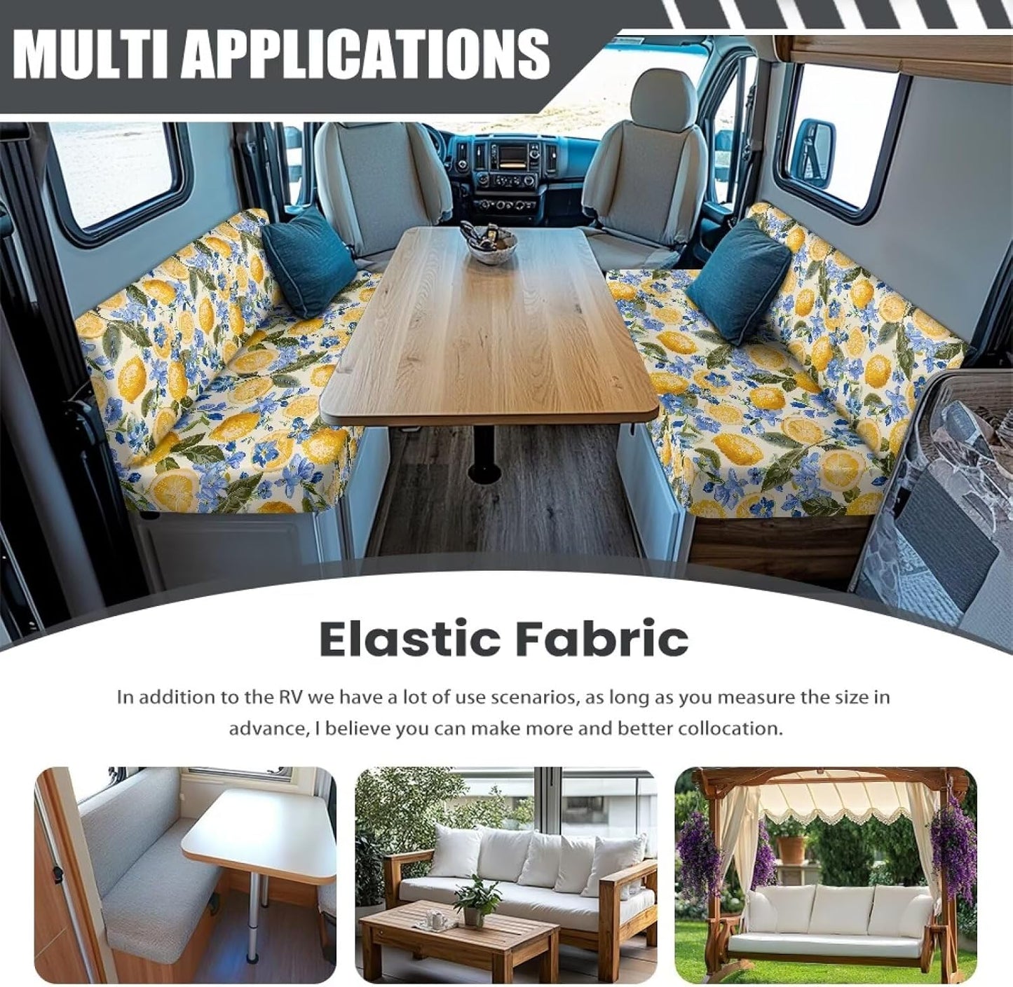 Lemon RV Dinette Cushion Covers, Replacement Camper Cushions Cover, Stretchable Fruit Print RV Dinette Seat Covers, Cushion Slipcovers Yellow