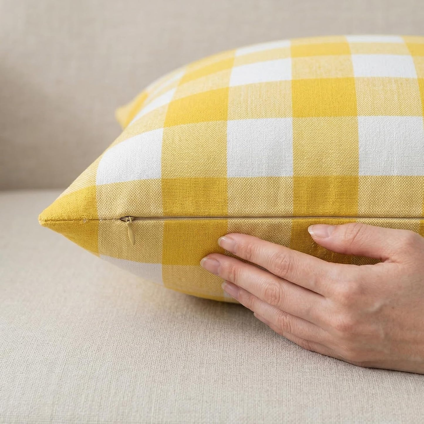 Set of 2 Lemon Yellow and White Farmhouse Buffalo Check Plaid Throw Pillow Covers Decorative Indoor Outdoor Cushion Cover Polyester Linen for Summer Home Decor,20 x 20 Inches