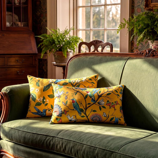 2 Pcs William Morris Pillow Covers 12 x 20 Rustic Lemon Lumbar Pillow Case Vintage Hummingbird Decorative Throw Cushion Case for Bedroom Sofa Couch Living Room Decoration