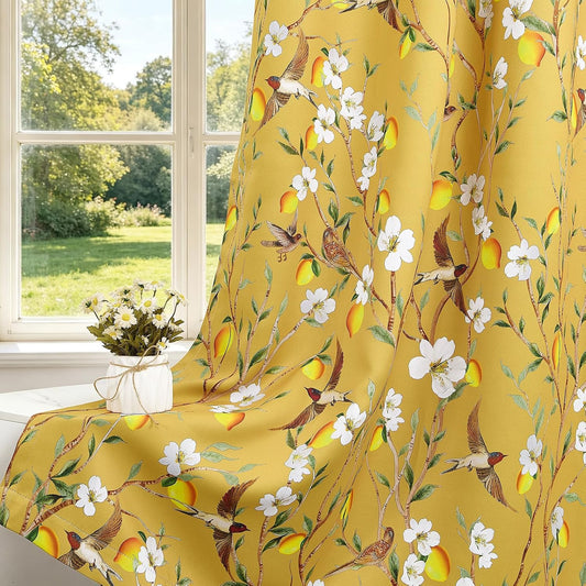 Mustard Yellow Boho Floral 90% Blackout Curtains for Living Room Botanical Lemon Hummingbird Printed Curtain for Bedroom Vintage Grommet Privacy Room Darkening Window Drapes 2 Panels, 52"x 63"