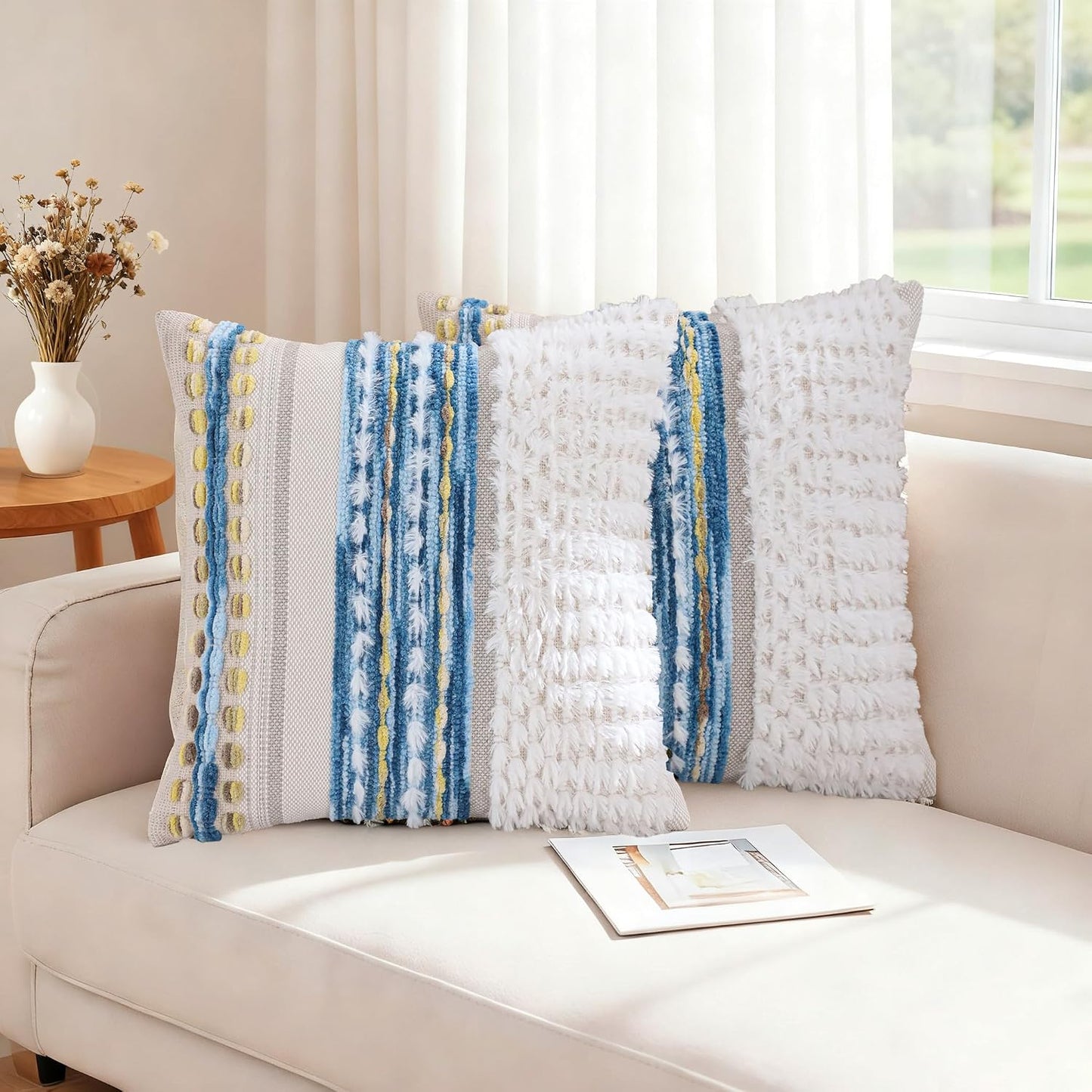 18x18 Inch Boho Pillow Covers Set of 2 Chenille Throw Pillow Cases for Couch Farmhouse Decorative Striped Cushion Covers for Sofa Bedroom Living Room (Blue Yellow)