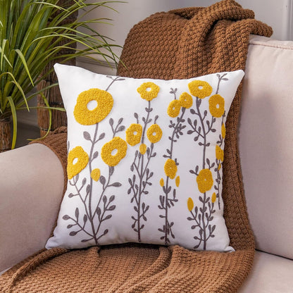 ARTMAGIC Yellow Throw Pillow Cover Embroidered Boho Flower Cushion Covers | Yellow 18"x18" Farmhouse Tufted Cushion Cover, For Couch Sofa Bed, Living Room Bedroom Decor