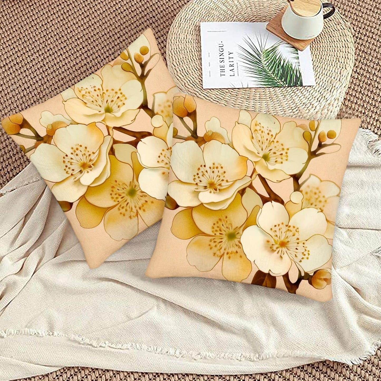 Flowers Light Yellow Petals Pattern，Pillow Covers Decorative Cushion Cover Throw Printed Pillow Case 22 x 22inch,Light Yellow (2pcs)