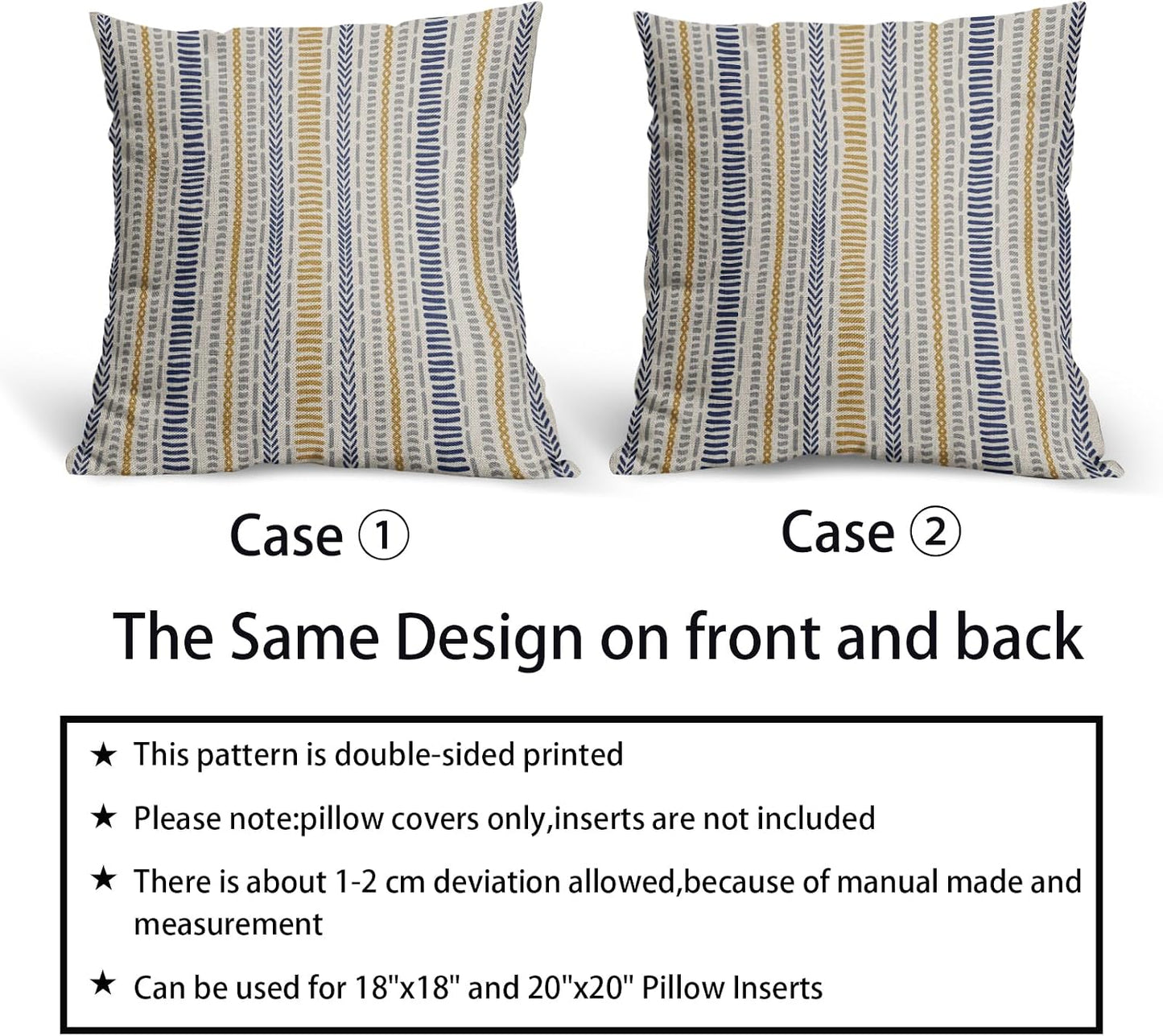 Blue Yellow Boho Striped Pillow Covers 18X18 Inch Set of 2, Navy Yellow Grey Gray Herringbone Print Pattern Decorative Throw Pillow Covers Outdoor Farmhouse Cushion Case Couch Sofa Bed Decor