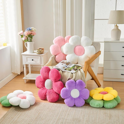 Yellow Flower Pillow, Soft Daisy Shaped Throw Pillows with Faux Rabbit Fur for Home Decorative,Cute Flower Throw Pillow Cushion for Bed Sofa Couch (Small - 15.7 Inch)