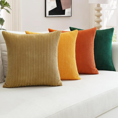 OTOSTAR Set of 4 Modern Decorative Throw Pillow Covers 18x18 Inch Soft Corduroy Boho Farmhouse Cushion Covers Mix and Match Square Pillowcase for Home Couch Bed Decor (Brown Yellow Orange Green)