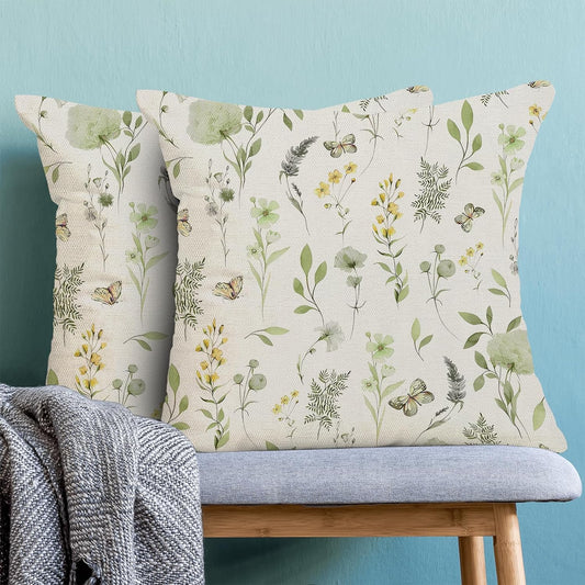 AEIOAE Spring Pillow Covers 18x18 Inch Set of 2, Sage Green Yellow Wild Flower Throw Pillows Case,Colorful Seasonal Floral Plant Outdoor Decorative Farmhouse Decor Cushion Covers for Sofa Bed Couch