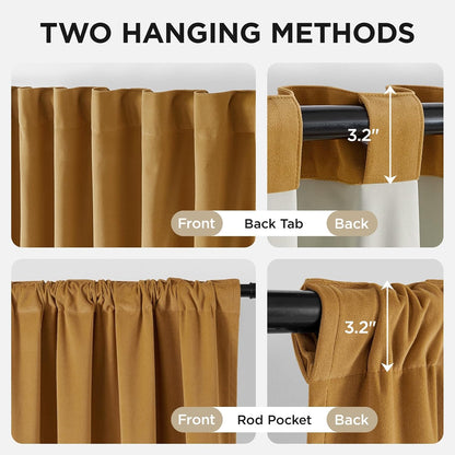 Joydeco Mustard Yellow 100% Blackout Curtains 84 Inch 2 Panels, Luxury Thermal Yellow Velvet Curtains for Bedroom Living Room, Soundproof Blackout Window Drapes, Rod Pocket & Back Tab (52W x 84L)