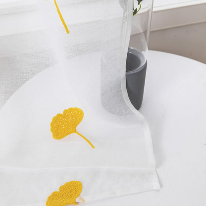 Yellow Sheer Curtains 84 Inches Long Embroidered Leaf Patterned Linen Look Floral Semi Sheer Curtain for Kids Bedroom Living Room Grommet Voile Drapes 2 Panels