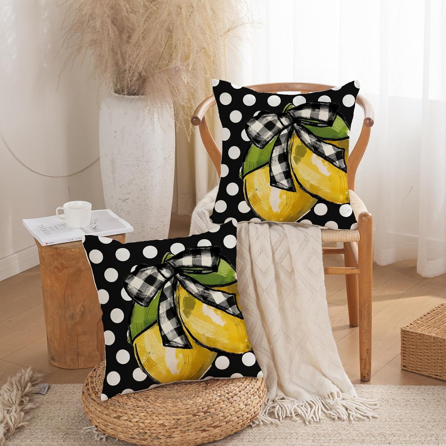TAJWE Summer Lemon Pillow Covers 18x18 Set of 2 Farmhouse Dots Outdoor Decorative Cushion Cases for Sofa Couch Home Decorations Black